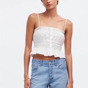 Madewell White Smocked Ruffle Cami Top XXL Button Front Cotton Peplum NWT